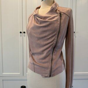 BLANKNYC Blush Faux Suede Asymmetrical Moto Jacket - Draped Collar (Small)